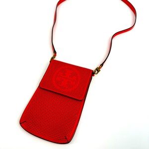 Tory Burch Samba Red Perforated Leather Logo Phone Crossbody Bag